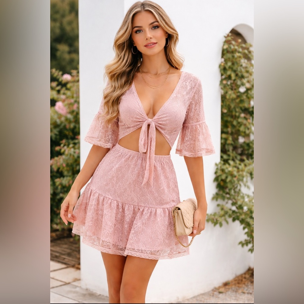 Free People Blush Pink Lace Bow Front Mini Dress Romantic Feminine Party Dress